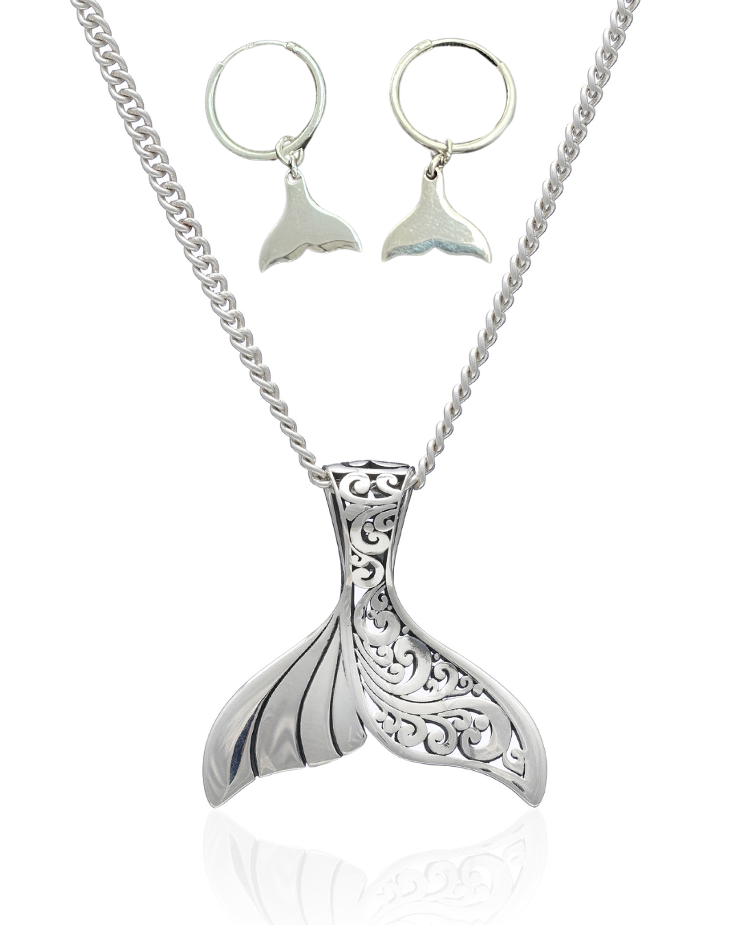 Whaletail Pendant + Fishtail Earrings